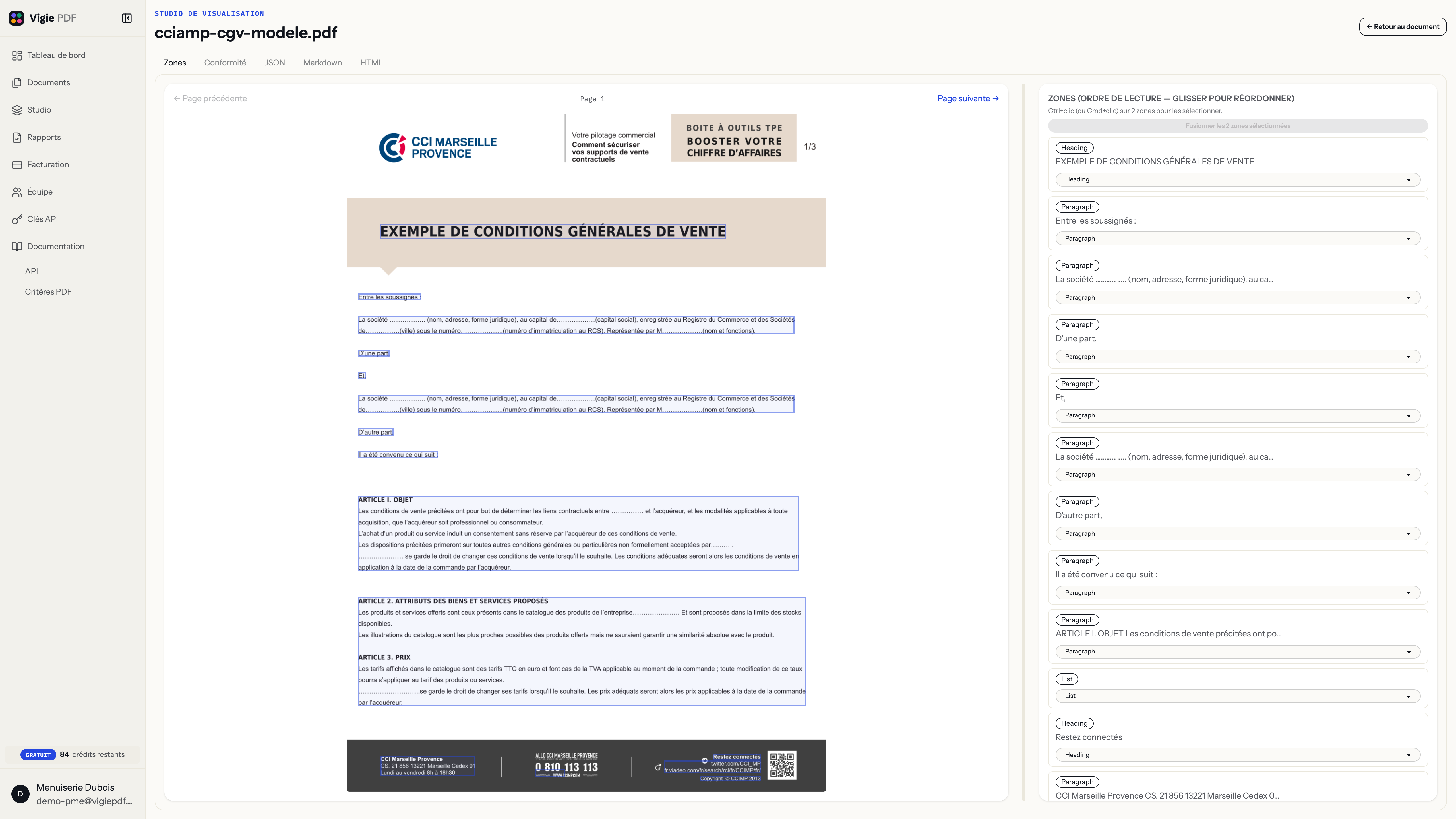 Studio de visualisation Vigie PDF sur la page 1 de cciamp-cgv-modele.pdf : le titre “EXEMPLE DE CONDITIONS GÉNÉRALES DE VENTE” est tagué comme zone de titre, distincte des zones de paragraphe qui suivent, avec le panneau “Zones (ordre de lecture)” affichant le titre en première position