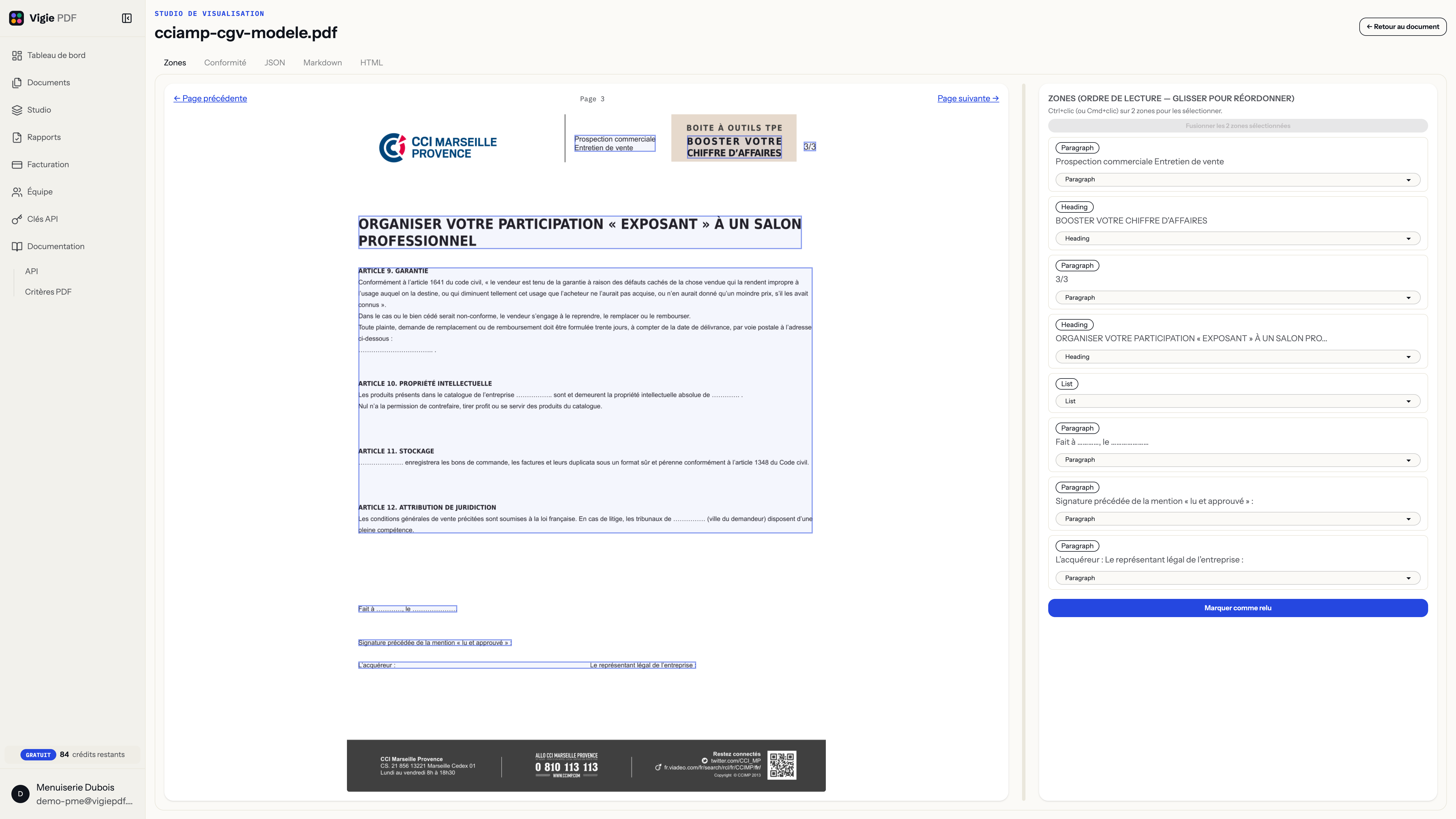 Studio de visualisation Vigie PDF sur la page 3 de cciamp-cgv-modele.pdf : deux zones de titre distinctes dans l’ordre de lecture, un niveau 1 puis un niveau 2, illustrant la hiérarchie de titres utilisée pour la navigation par section