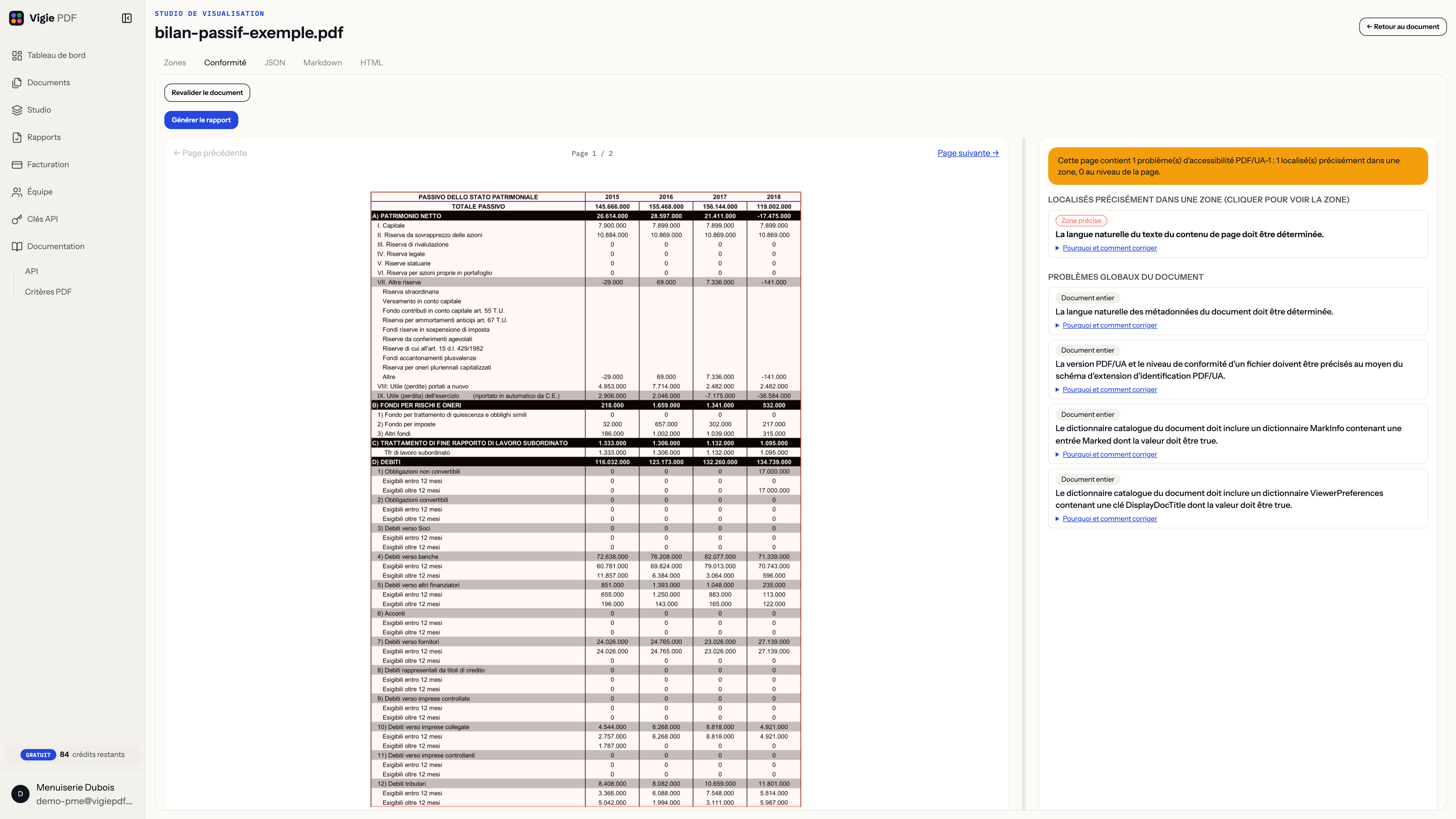 Onglet Conformité du Studio sur un bilan réel non conforme : 1 critère « langue non déterminée » localisé précisément dans une zone de la page 1, et 4 problèmes globaux du document listés en dessous — langue des métadonnées, identification PDF/UA, dictionnaire MarkInfo, ViewerPreferences